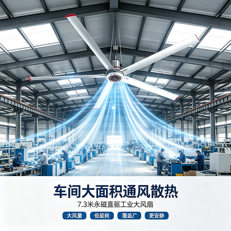 Workshop Industrial Ceiling Fan Energy-Saving Cooling for Tall Factory Spaces, Wenmai Power 7.3M Permanent Magnet Direct Drive Industrial Large Fan